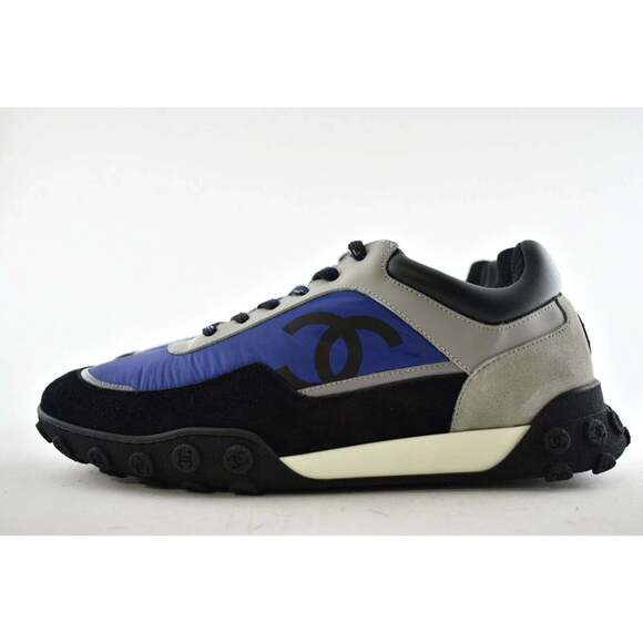 Chanel Mens 18B Black Blue Grey Nylon CC Logo Lace Low Top Trainer Sneaker 43 10 - Picture 9 of 11